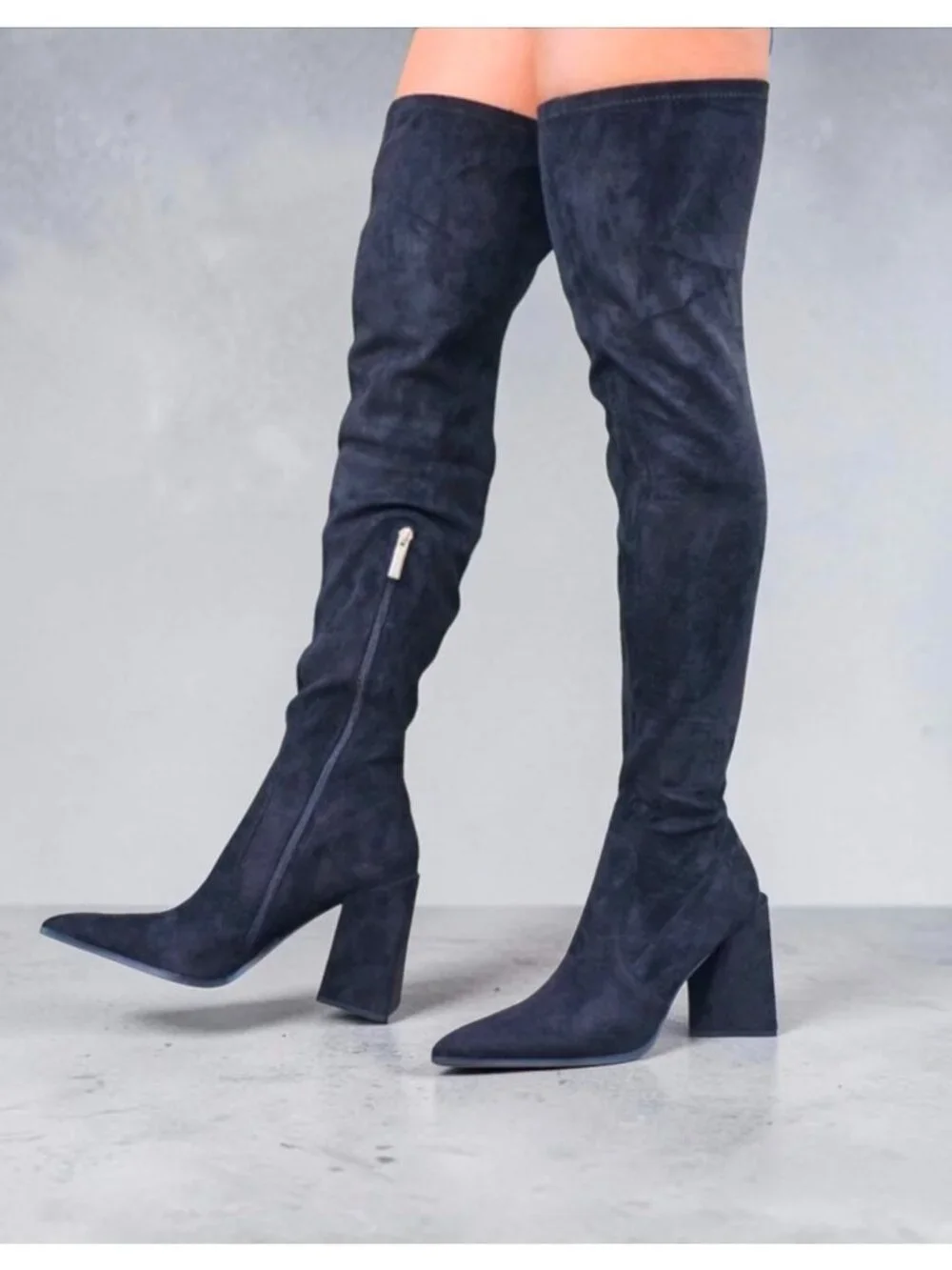 Over-The-Knee Black Faux Suede Heeled Boots With Side Zipper & Pointed Toe Women
